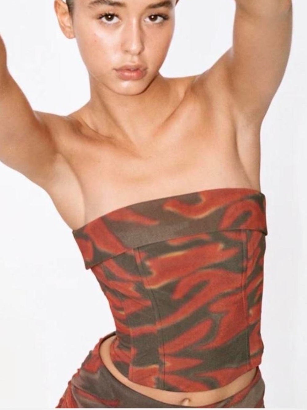 With Jean Strapless Flame-Print Corset Top in Rust and Olive